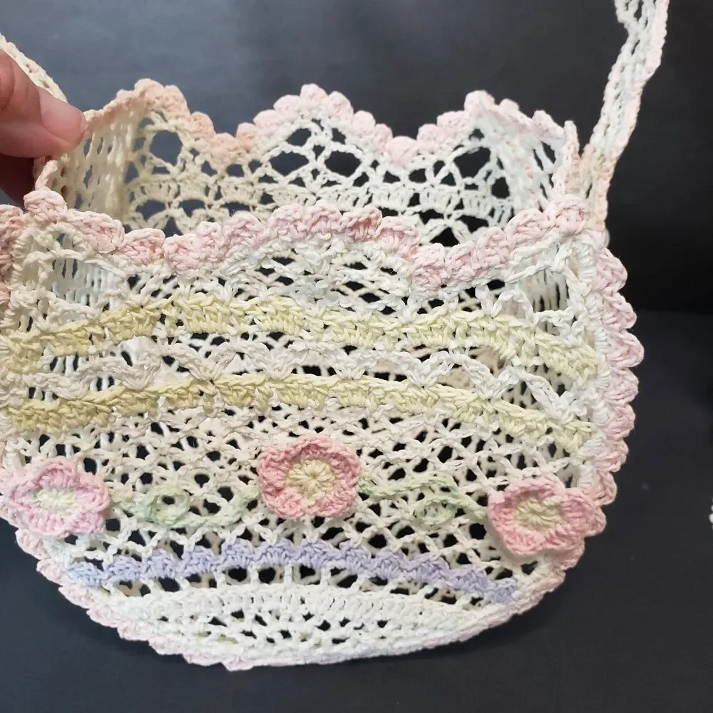 Vintage Crochet Pastel Delicate Lace Easter Starched Basket NEED Repairing